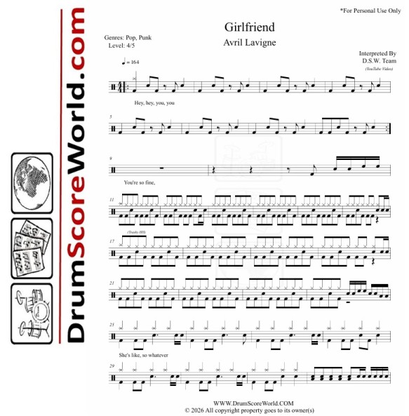 Avril Lavigne - Girlfriend - Drum Sheet